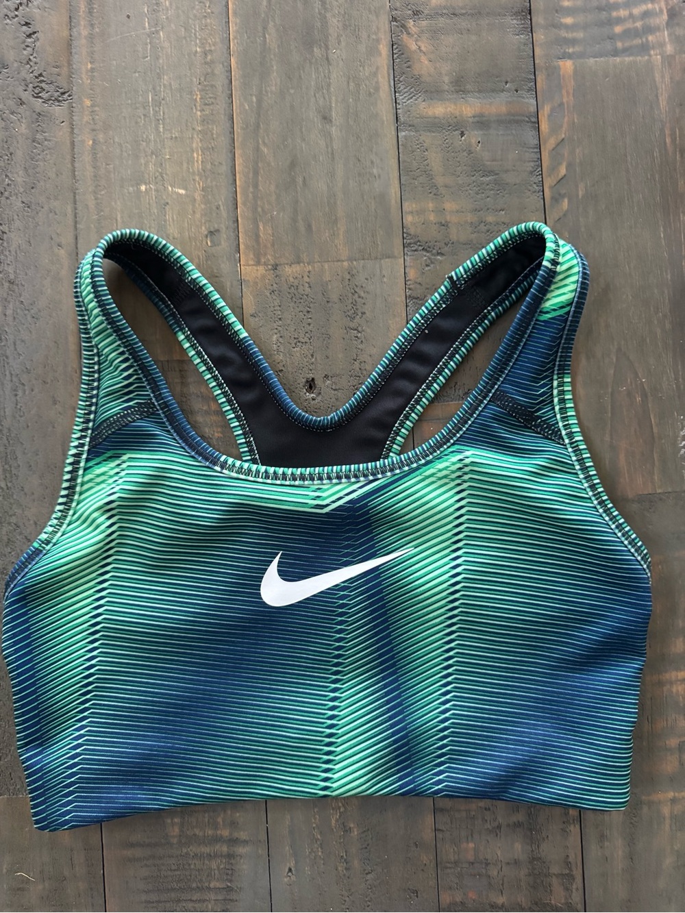 Nike Women’s green & navy Striped Sports Bra
